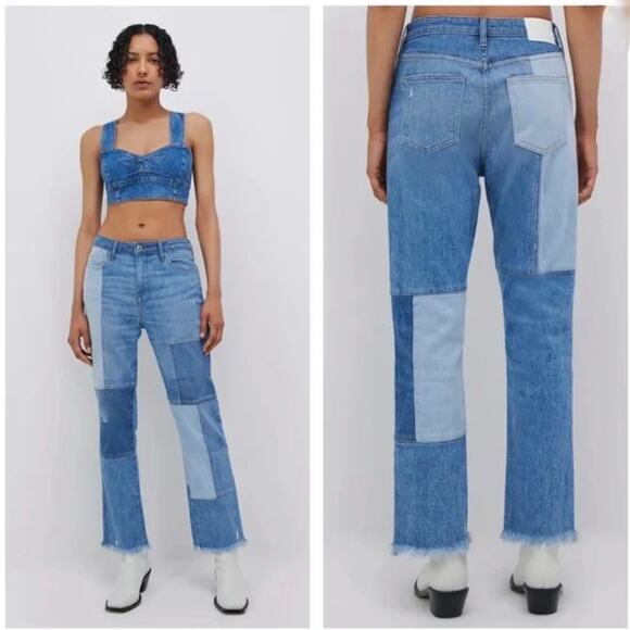 Jonathan Simkhai Standard River Straight Leg Patchwork Jeans - Blue - Size 26 - Picture 1 of 7